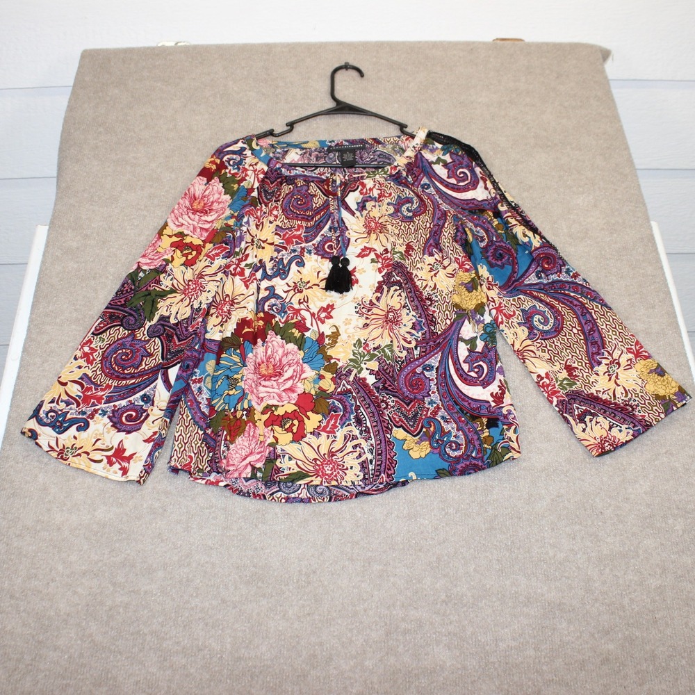 Grace Elements Womens Small Paisley Floral Tassel Blouse Lace Trim Bell Sleeve